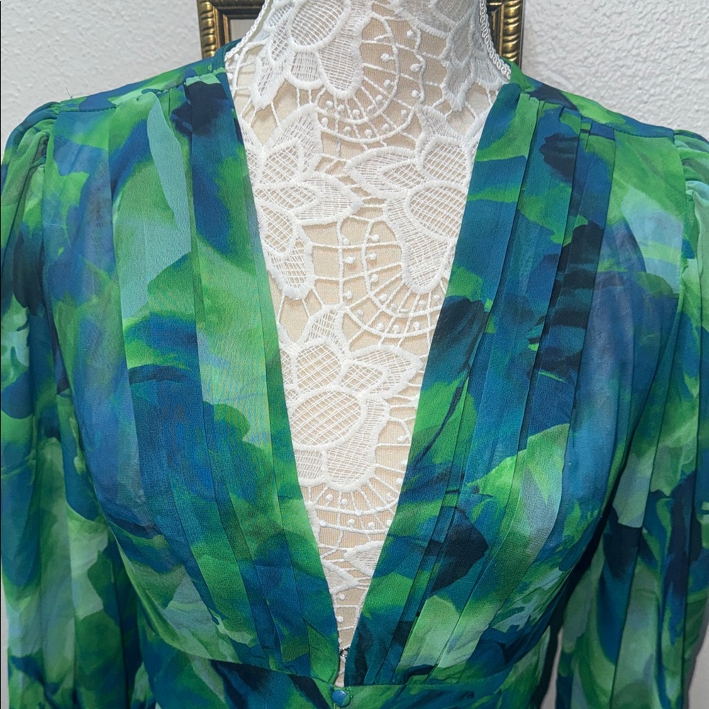 Elegant Long Sleeve Floral Dress in Green and Blue - Picture 6 of 9